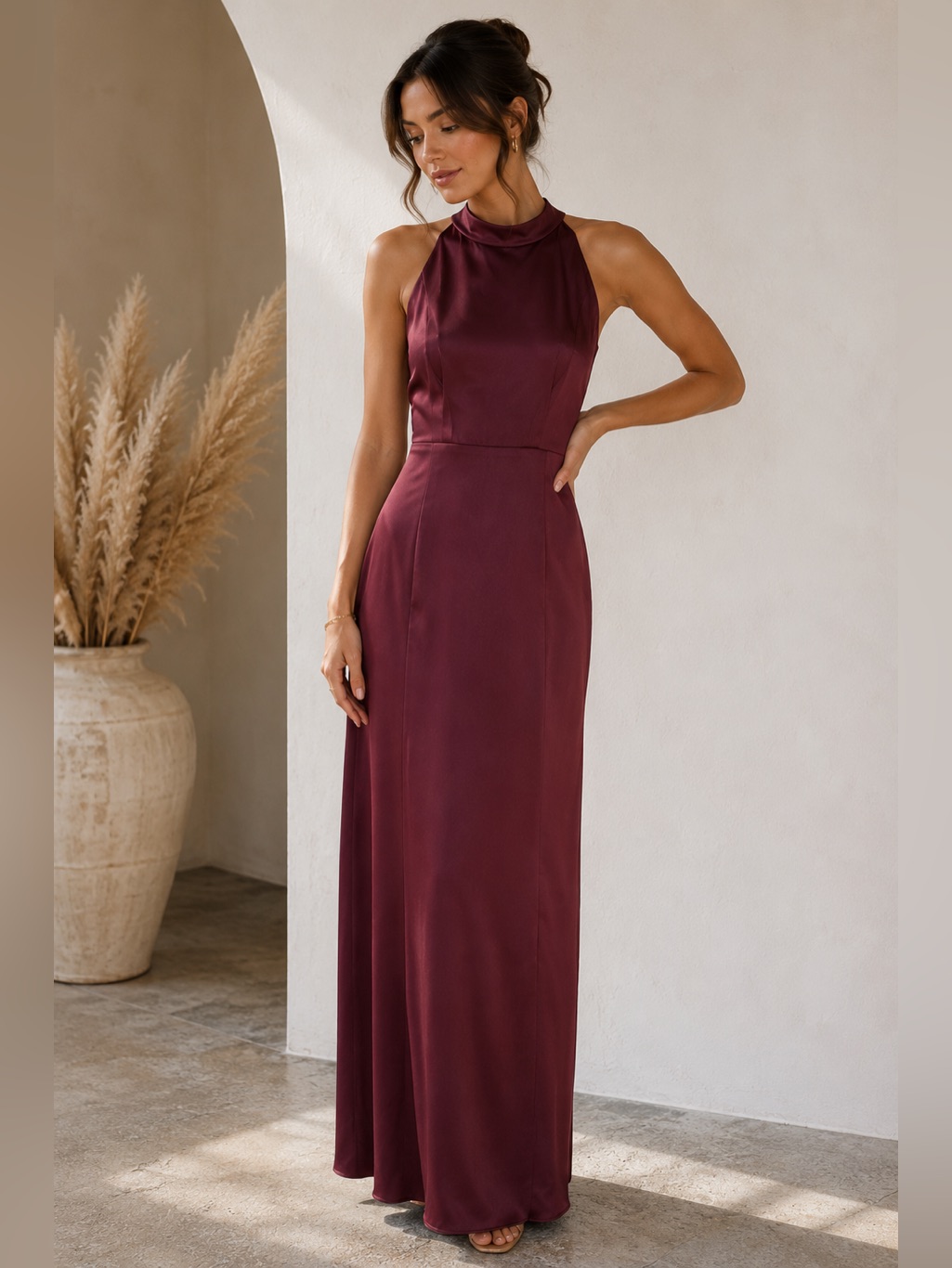 Lulu's Sleeveless High-Neck Satin Maxi Dress In Burgundy